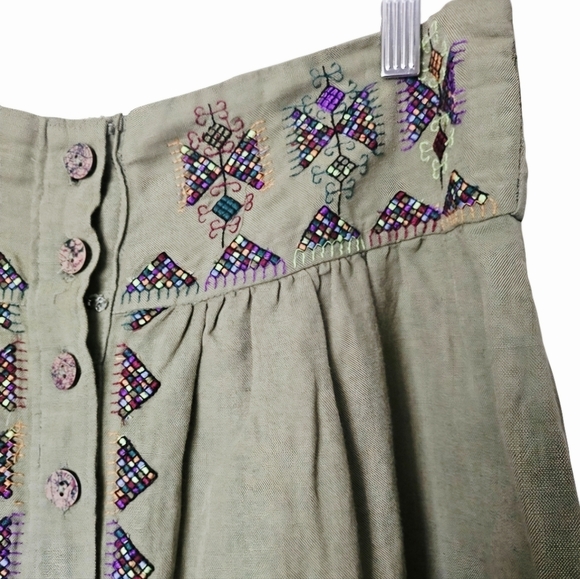 Maeve Anthropologie A-Line Cotton Linen Embroidered Utility Skirt, Green, Size 6 - Picture 4 of 11